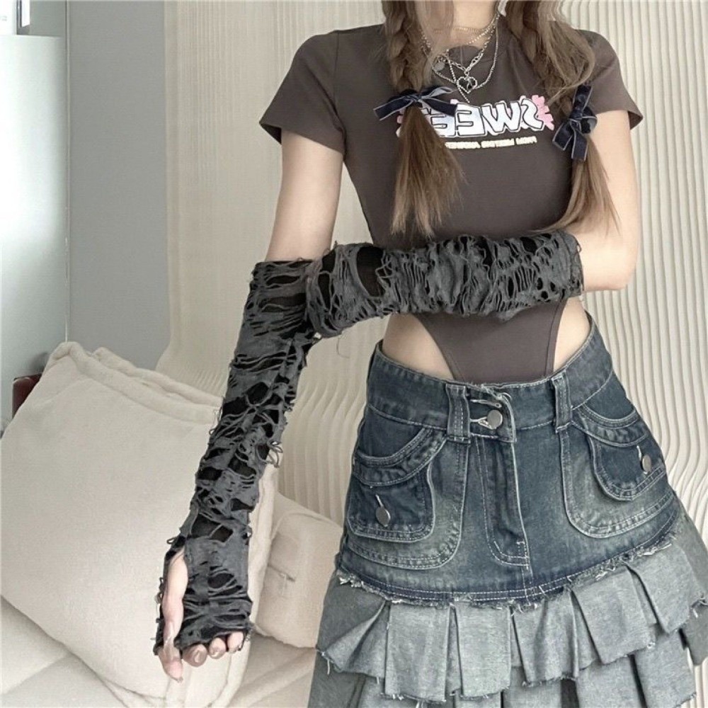 Fingerless Glove Knit - قفازات بانك طويلة بنمط مهترئ وداكن،